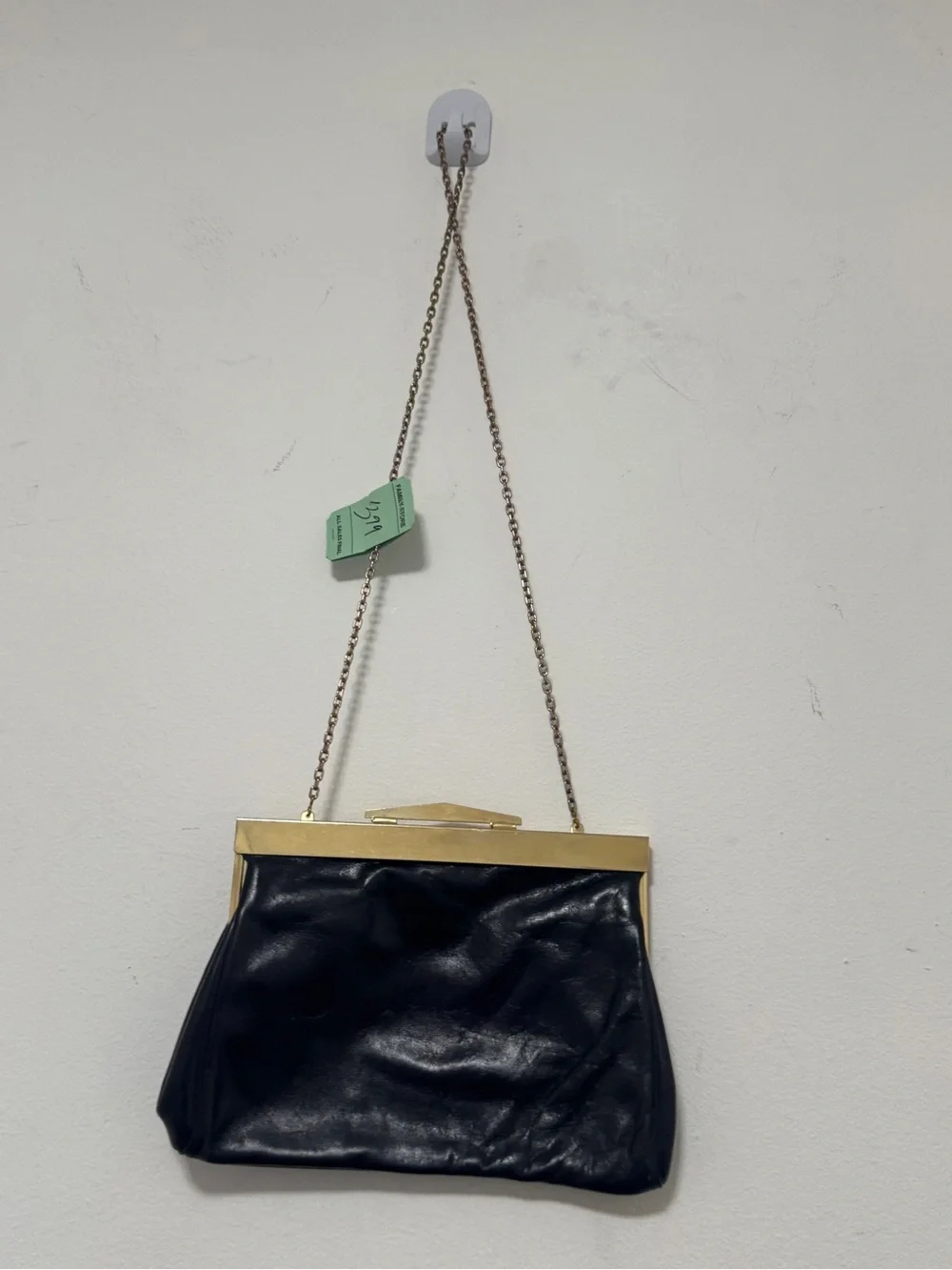 Letrice Vintage Black Leather Frame Clutch Shoulder Bag Gold Tone‎ Chain Purse